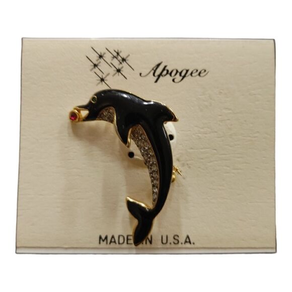 WOMEN'S DOLPHIN BLACK WITH RHINESTONES BROOCH PIN BY APOGEE. - Picture 2 of 3